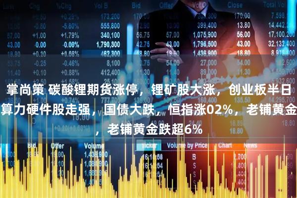 掌尚策 碳酸锂期货涨停，锂矿股大涨，创业板半日涨2%，算力硬件股走强，国债大跌，恒指涨02%，老铺黄金跌超6%